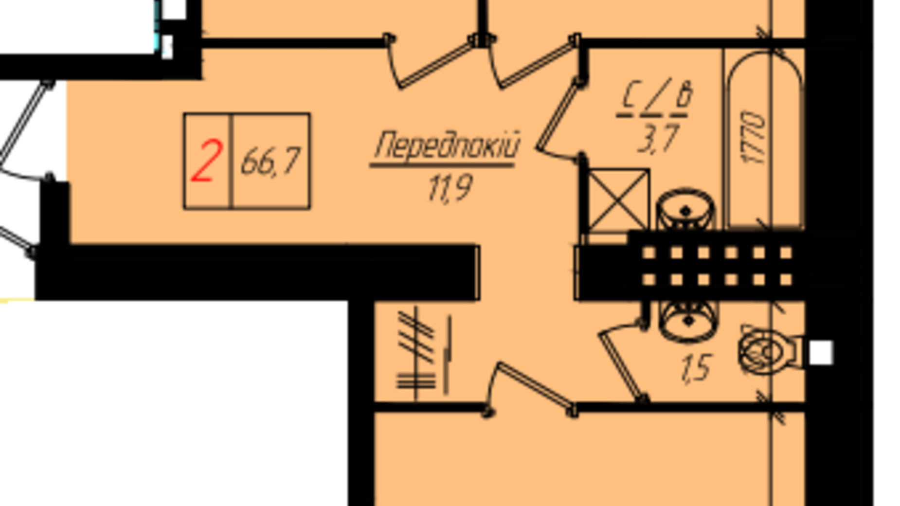 Планировка 2-комнатной квартиры в ЖК Глибока Долина 66.7 м², фото 551613