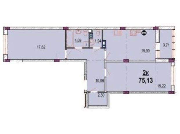 ЖК Родинний Маєток: планировка 2-комнатной квартиры 75.13 м²