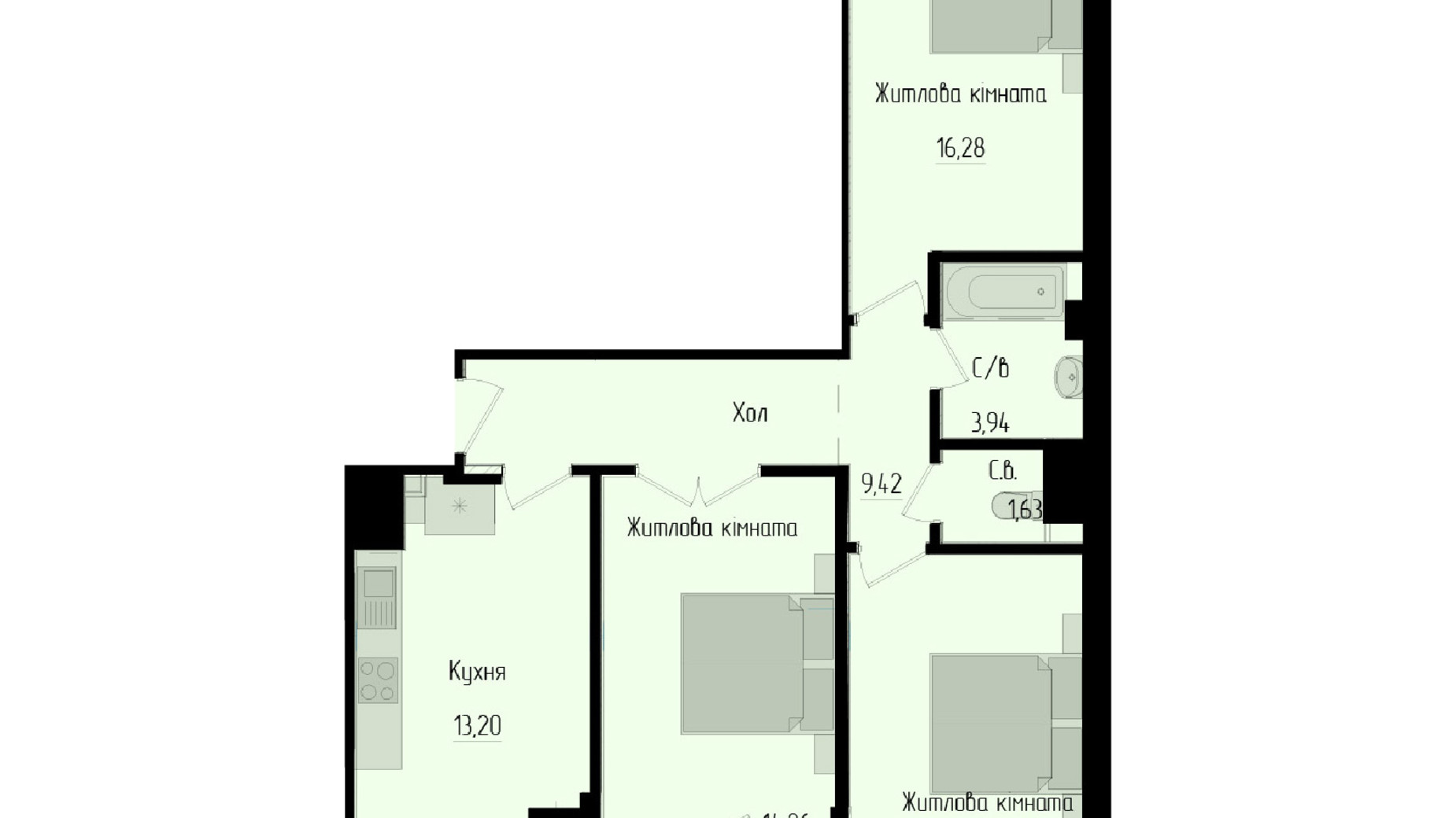 Планировка 3-комнатной квартиры в ЖК Научный 76.57 м², фото 551779