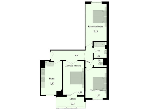 ЖК Научный: планировка 3-комнатной квартиры 76.57 м²