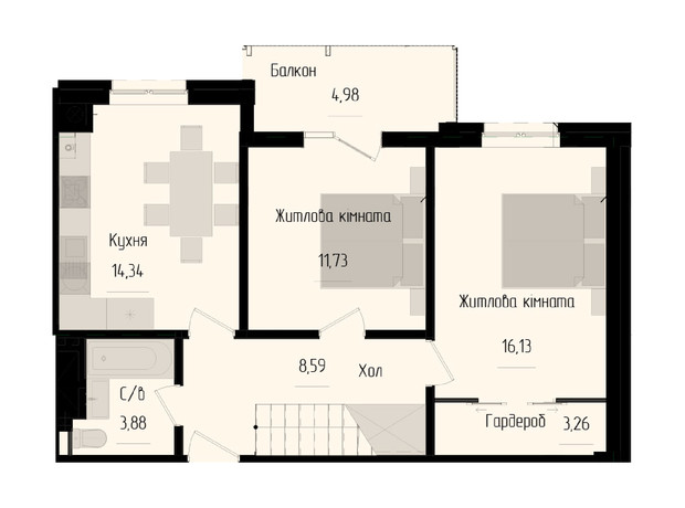 ЖК Научный: планировка 4-комнатной квартиры 104.75 м²