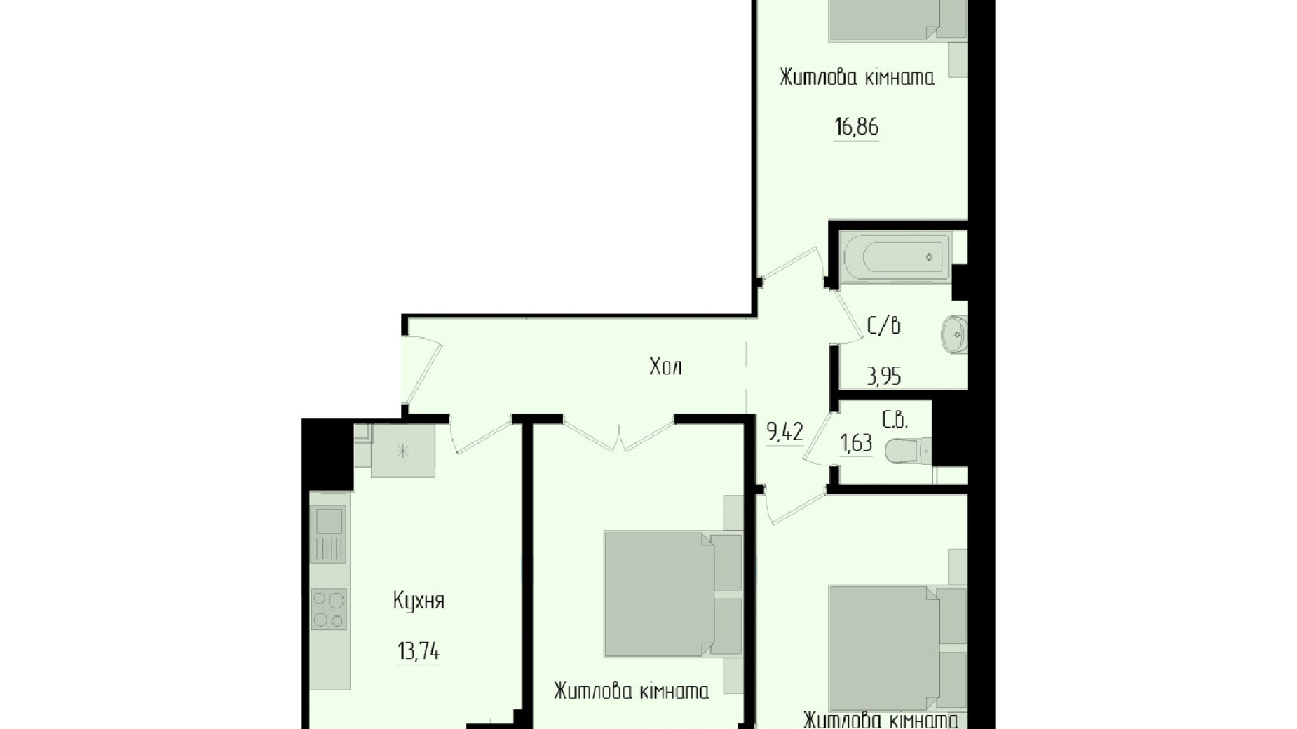 Планировка 3-комнатной квартиры в ЖК Научный 78.28 м², фото 551809