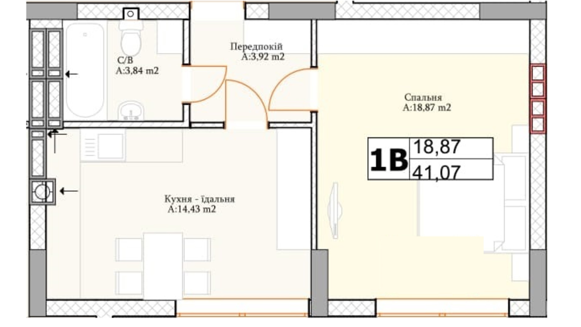 Планування 1-кімнатної квартири в ЖК Irpin City 41.07 м², фото 552051