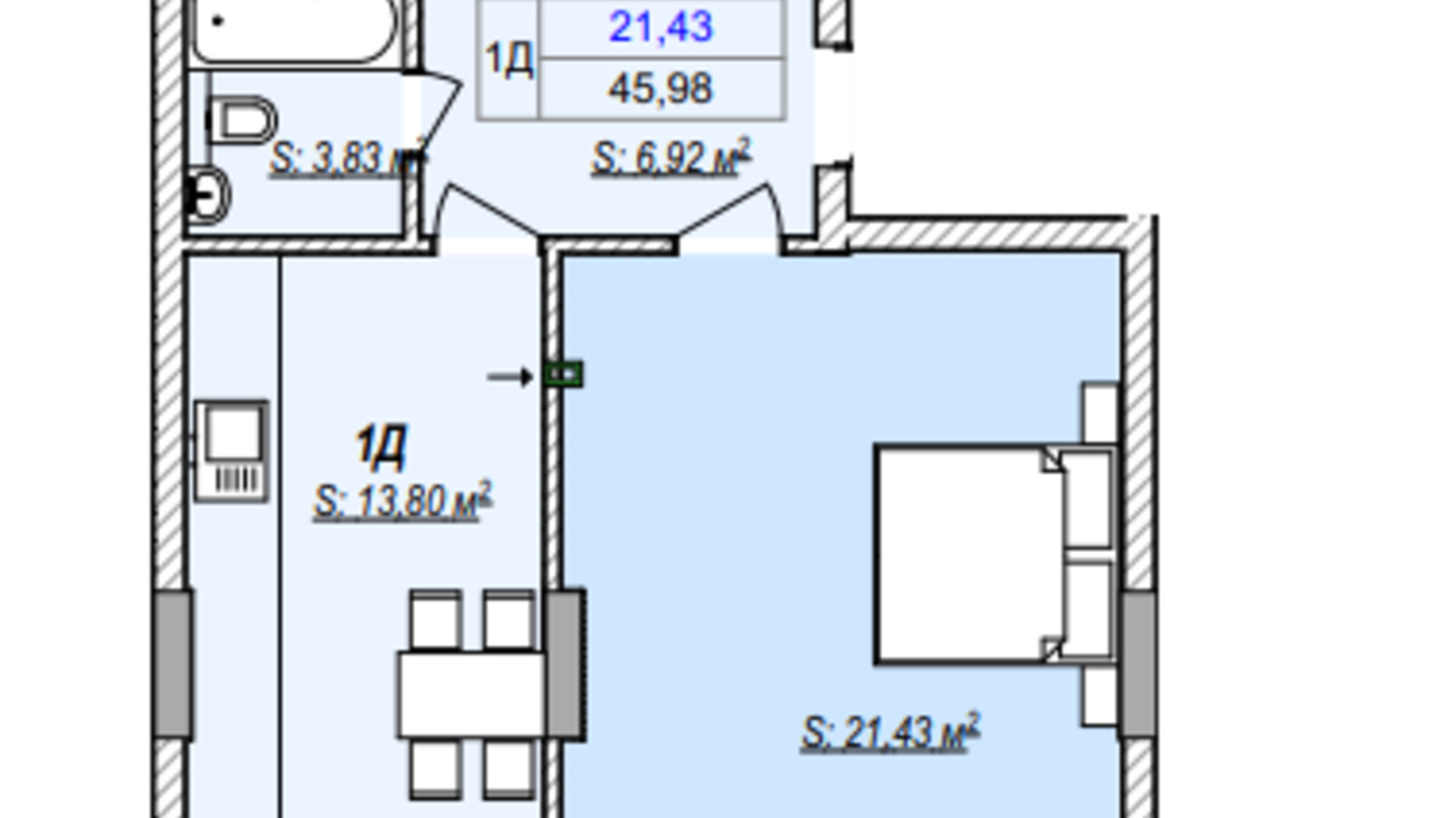 Планування 1-кімнатної квартири в ЖК Irpin City 45.52 м², фото 552052