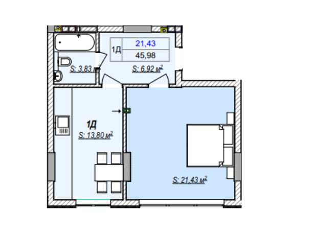 ЖК Irpin City: планування 1-кімнатної квартири 45.52 м²