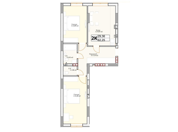 ЖК Irpin City: планировка 2-комнатной квартиры 60.7 м²