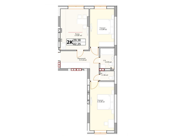 ЖК Irpin City: планування 2-кімнатної квартири 62.25 м²