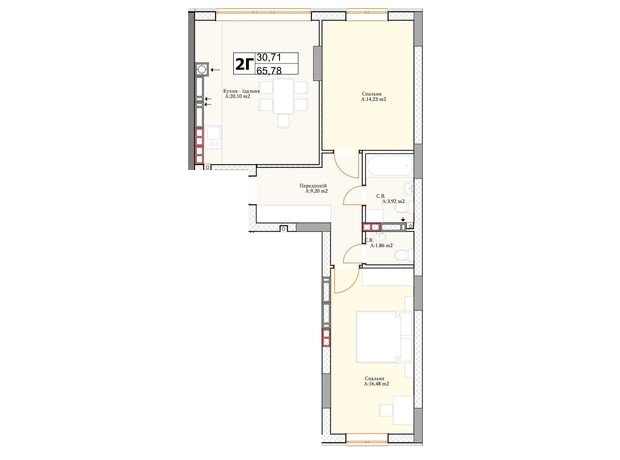 ЖК Irpin City: планировка 2-комнатной квартиры 65.9 м²