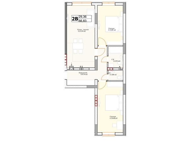 ЖК Irpin City: планировка 2-комнатной квартиры 66.2 м²