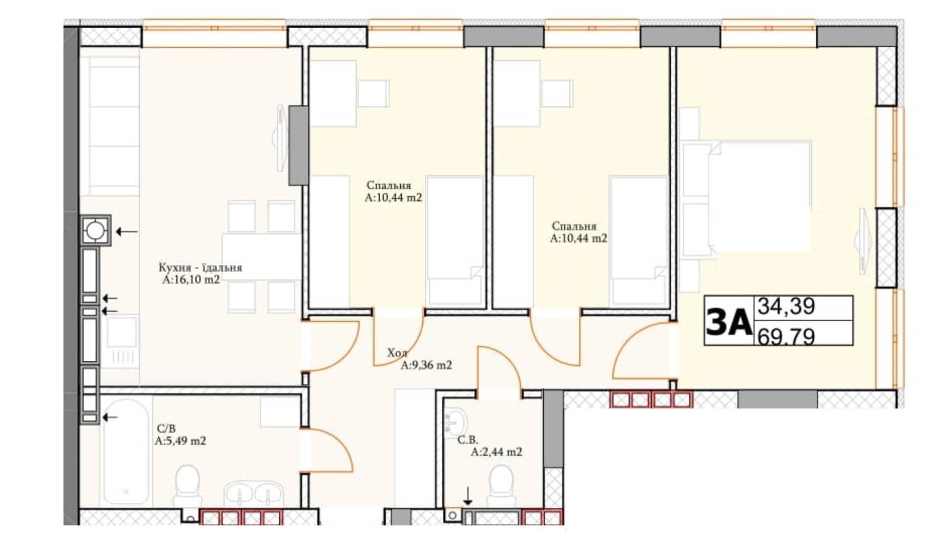 Планування 3-кімнатної квартири в ЖК Irpin City 69.79 м², фото 552068