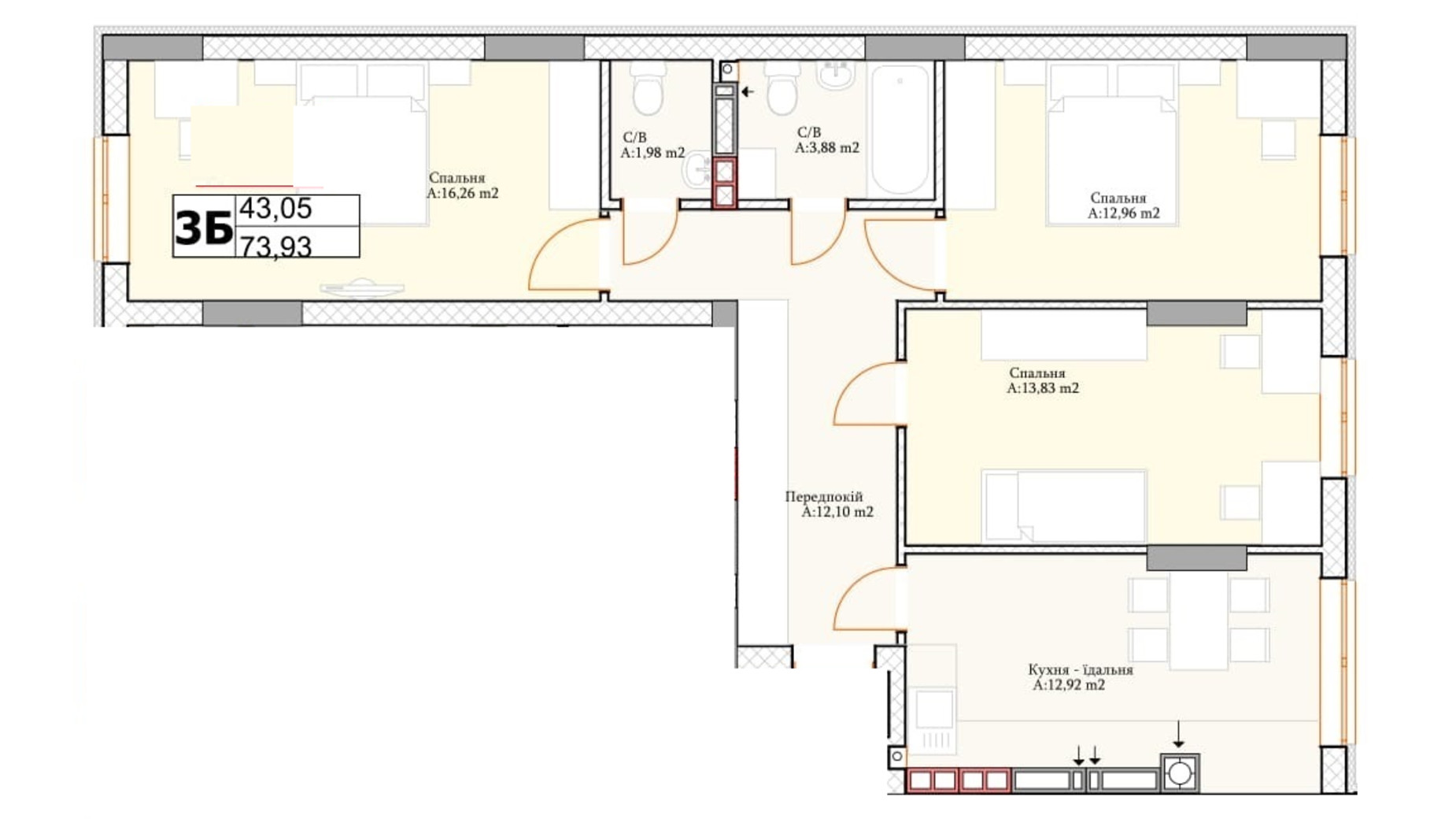 Планировка 3-комнатной квартиры в ЖК Irpin City 72.2 м², фото 552069