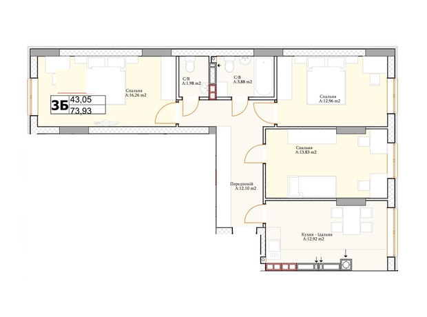 ЖК Irpin City: планировка 3-комнатной квартиры 72.2 м²