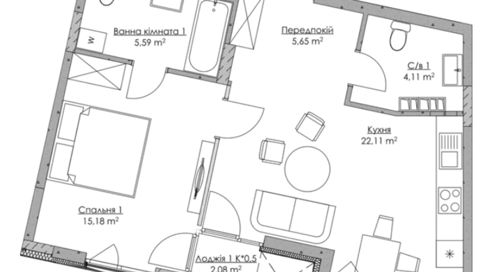 Планування 1-кімнатної квартири в ЖК O2 Residence 38.26 м², фото 552145