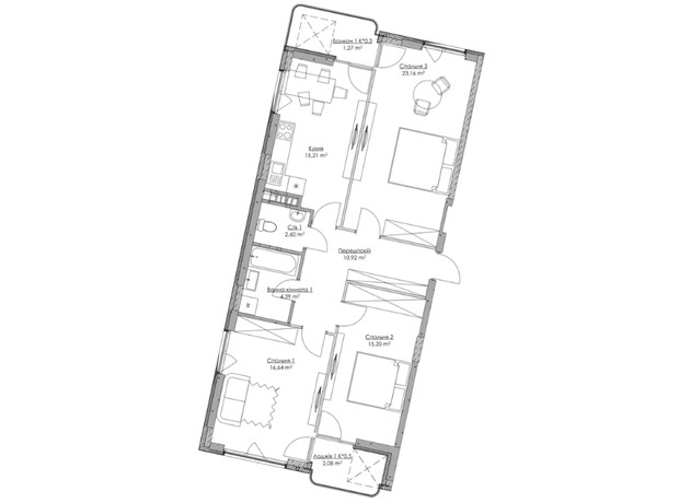 ЖК O2 Residence: планировка 3-комнатной квартиры 91.47 м²