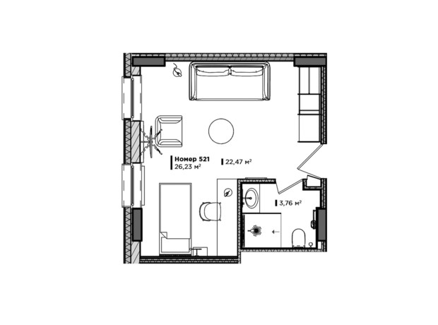 Апарт-готель Lev City Hotel: планування 1-кімнатної квартири 26.23 м²