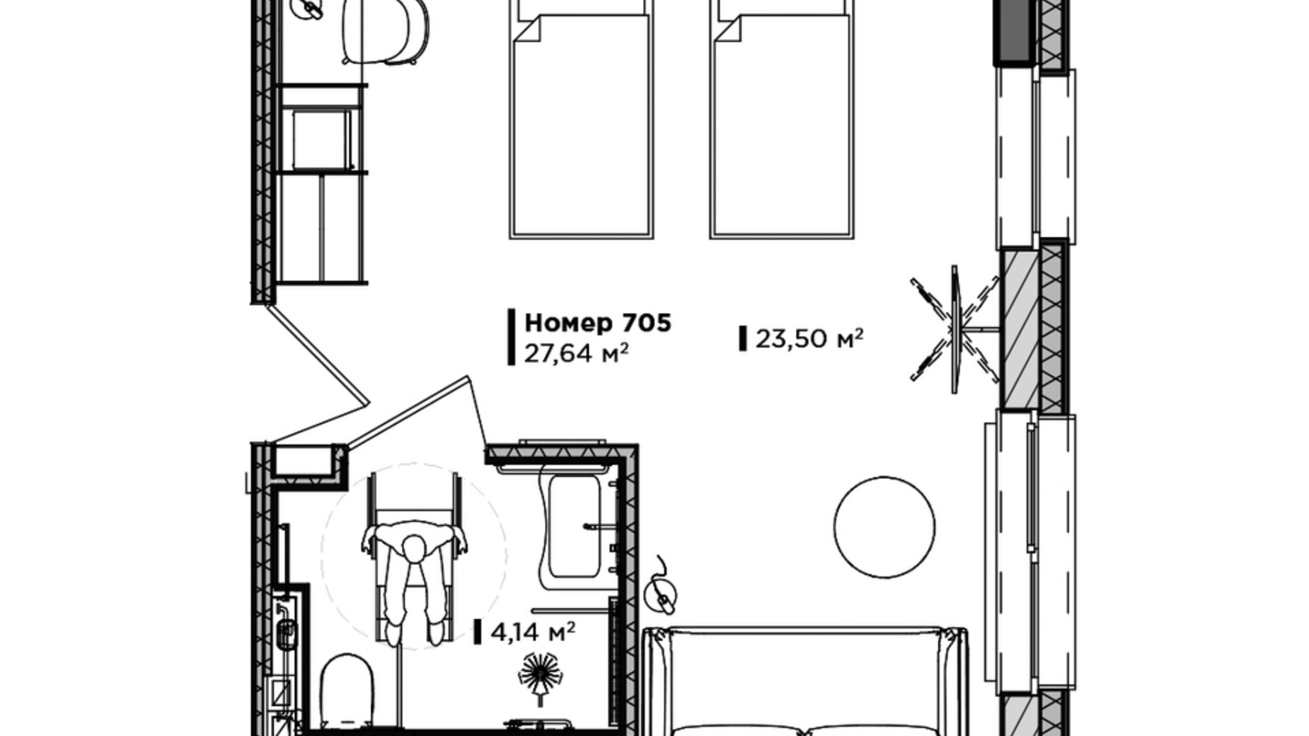 Апарт-отель Lev City Hotel, Львов: планировка апартаментов 27.64 м² по цене  4225576 грн от застройщика LEV Development