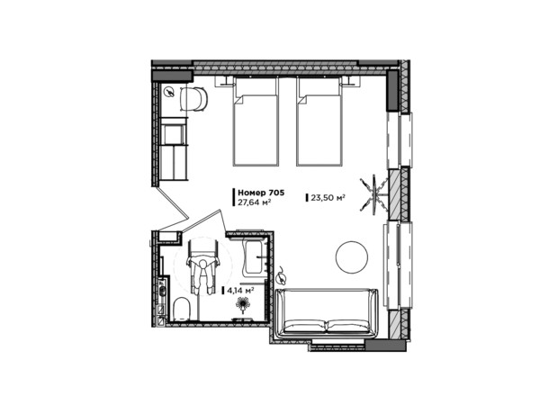 Апарт-отель Lev City Hotel: планировка 1-комнатной квартиры 27.64 м²