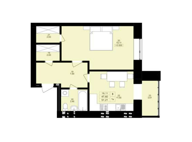 ЖК Затишний двір: планировка 1-комнатной квартиры 53.5 м²