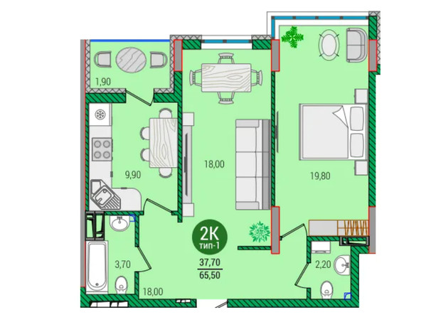 ЖК Q-smart: планировка 2-комнатной квартиры 65.5 м²