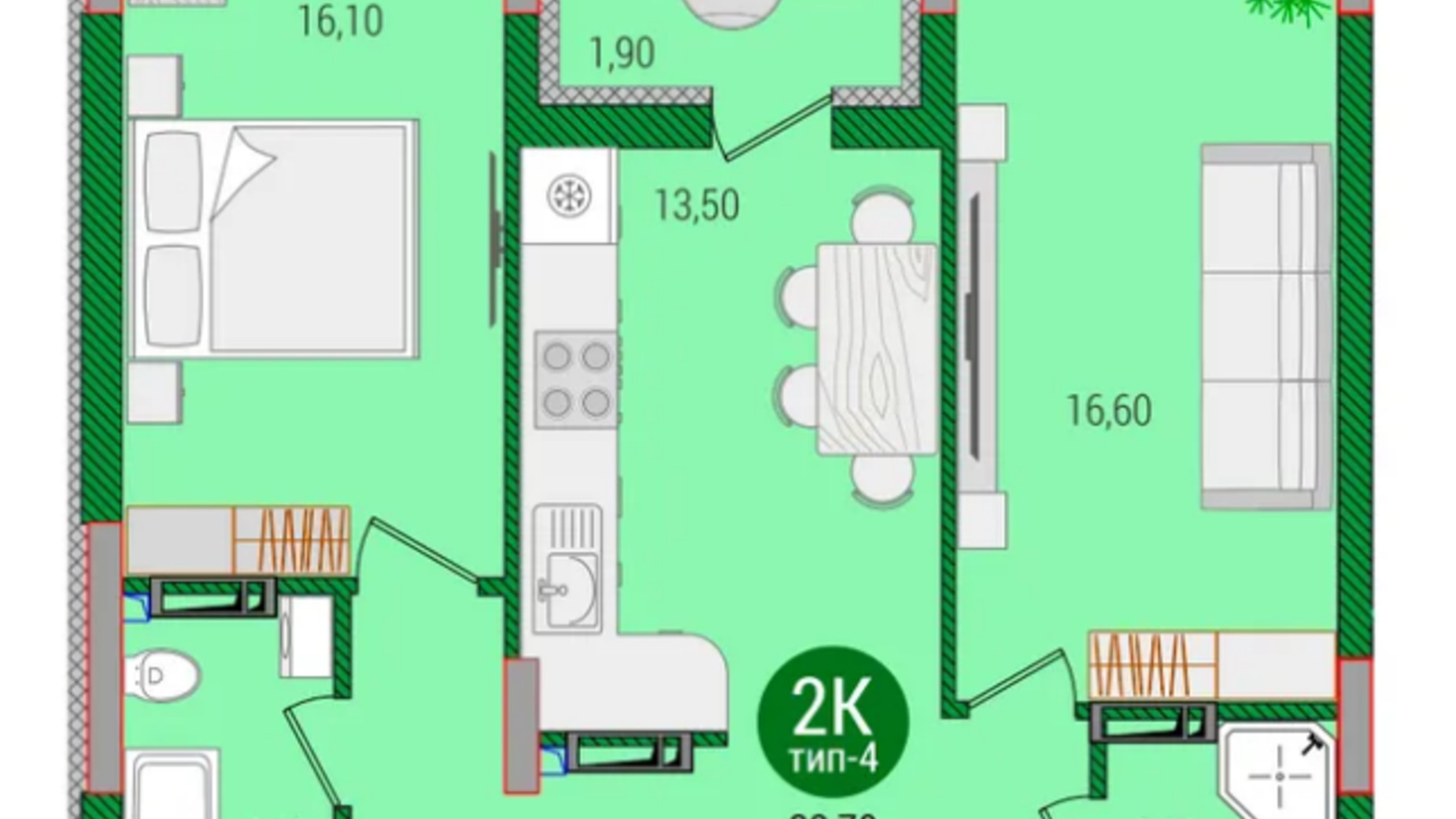 Планування 2-кімнатної квартири в ЖК Q-smart 65.5 м², фото 552682
