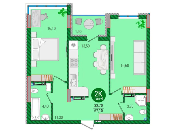 ЖК Q-smart: планировка 2-комнатной квартиры 65.5 м²