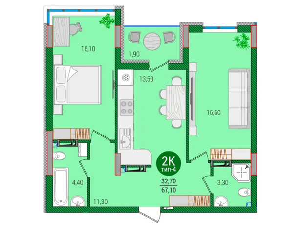 ЖК Q-smart: планировка 2-комнатной квартиры 67.1 м²