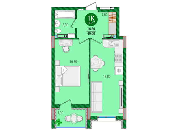 ЖК Q-smart: планировка 1-комнатной квартиры 49.4 м²