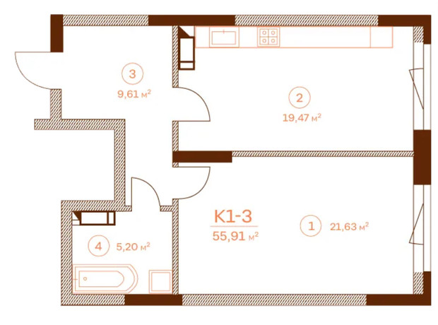 ЖК Stanford: планировка 1-комнатной квартиры 55.91 м²