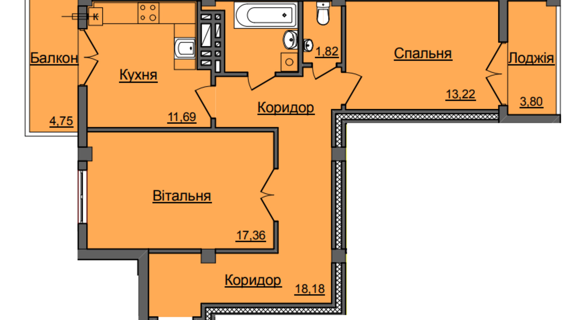 Планировка 2-комнатной квартиры в ЖК Хмельницкий 79.8 м², фото 552705
