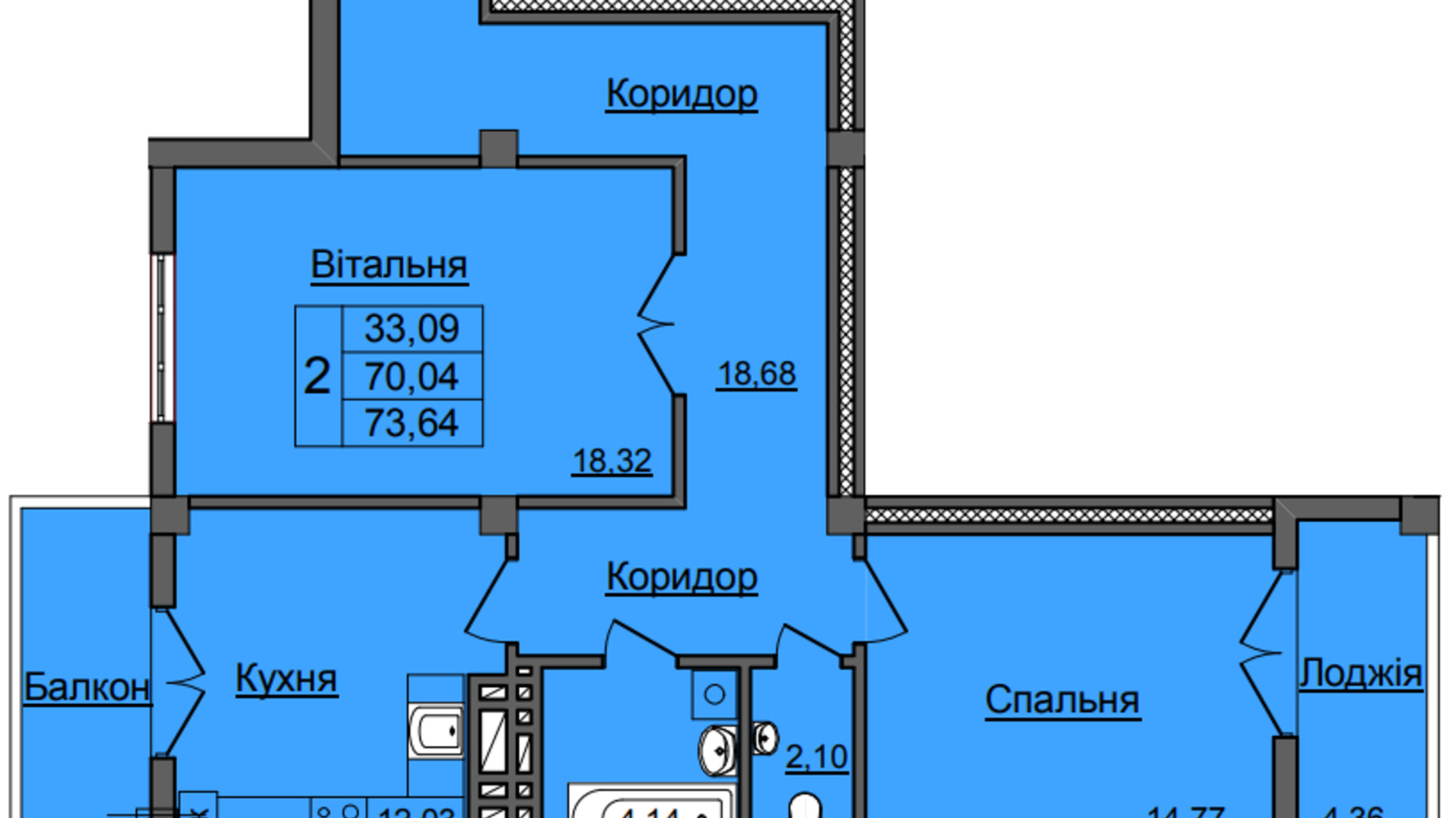 Планування 2-кімнатної квартири в ЖК Хмельницький 76.5 м², фото 552708