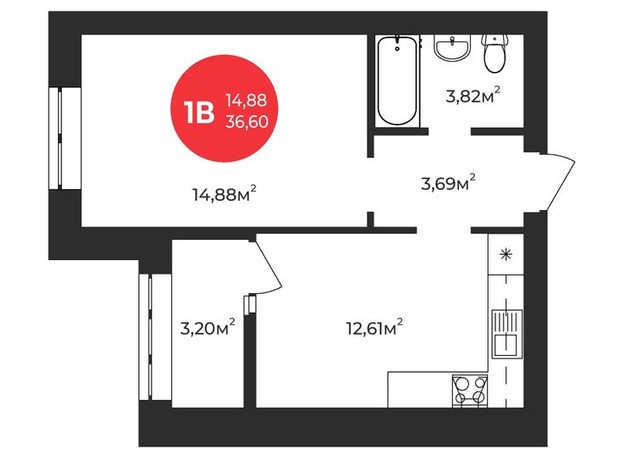 ЖК Молодість: планування 1-кімнатної квартири 36.8 м²