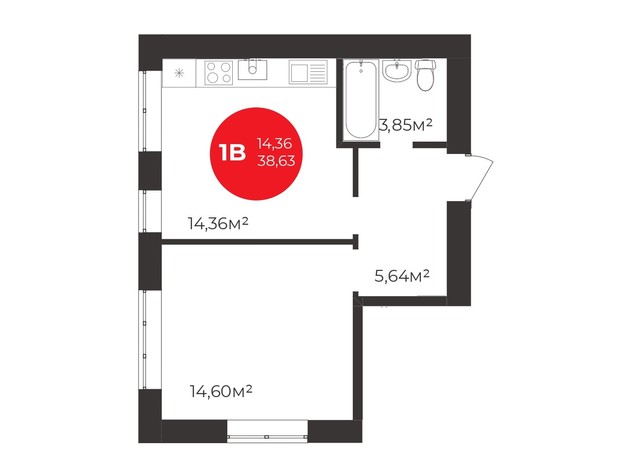 ЖК Молодость: планировка 1-комнатной квартиры 38.5 м²