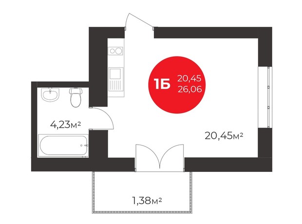 ЖК Молодість: планування 1-кімнатної квартири 26.06 м²