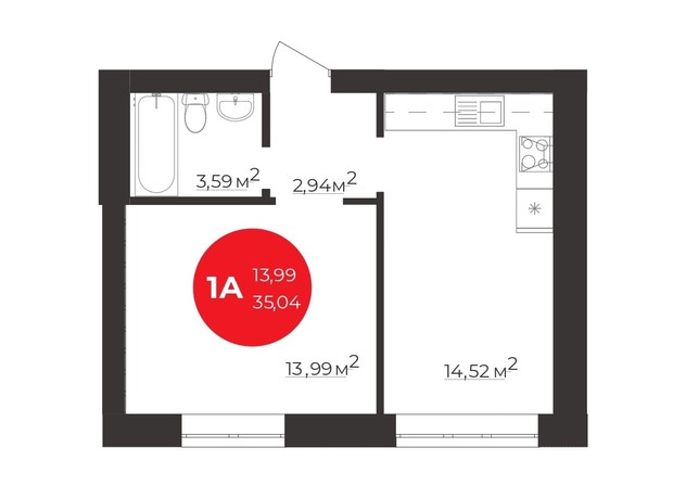 ЖК Молодость: планировка 1-комнатной квартиры 35.4 м²