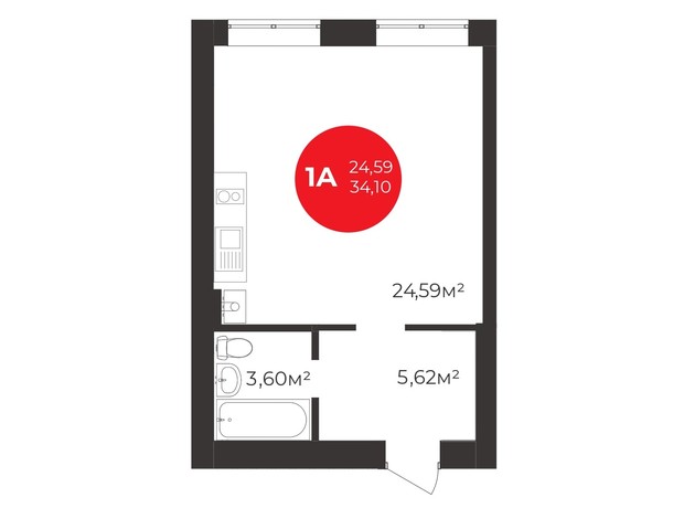 ЖК Молодость: планировка 1-комнатной квартиры 33.8 м²