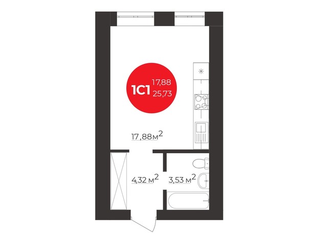 ЖК Молодость: планировка 1-комнатной квартиры 25.9 м²