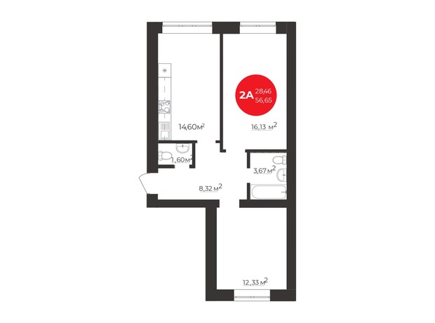 ЖК Молодость: планировка 2-комнатной квартиры 57 м²