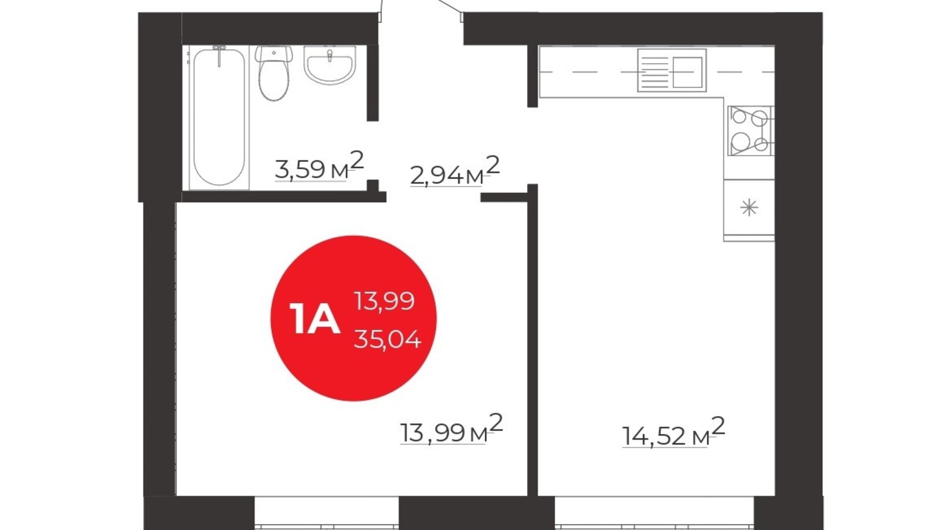 Планування 1-кімнатної квартири в ЖК Молодість 35.04 м², фото 552936