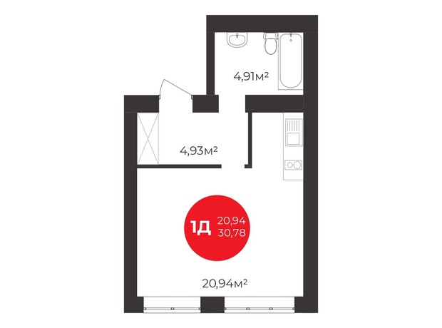 ЖК Молодість: планування 1-кімнатної квартири 30.78 м²