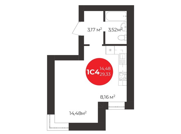 ЖК Молодость: планировка 1-комнатной квартиры 29.77 м²