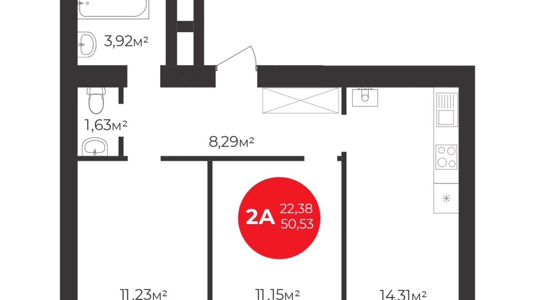 Планировка 2-комнатной квартиры в ЖК Молодость 50.53 м², фото 552944