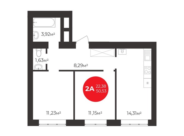 ЖК Молодость: планировка 2-комнатной квартиры 50.53 м²