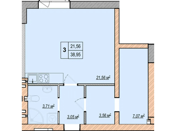 ЖК Liberty Park: планування 1-кімнатної квартири 38.95 м²