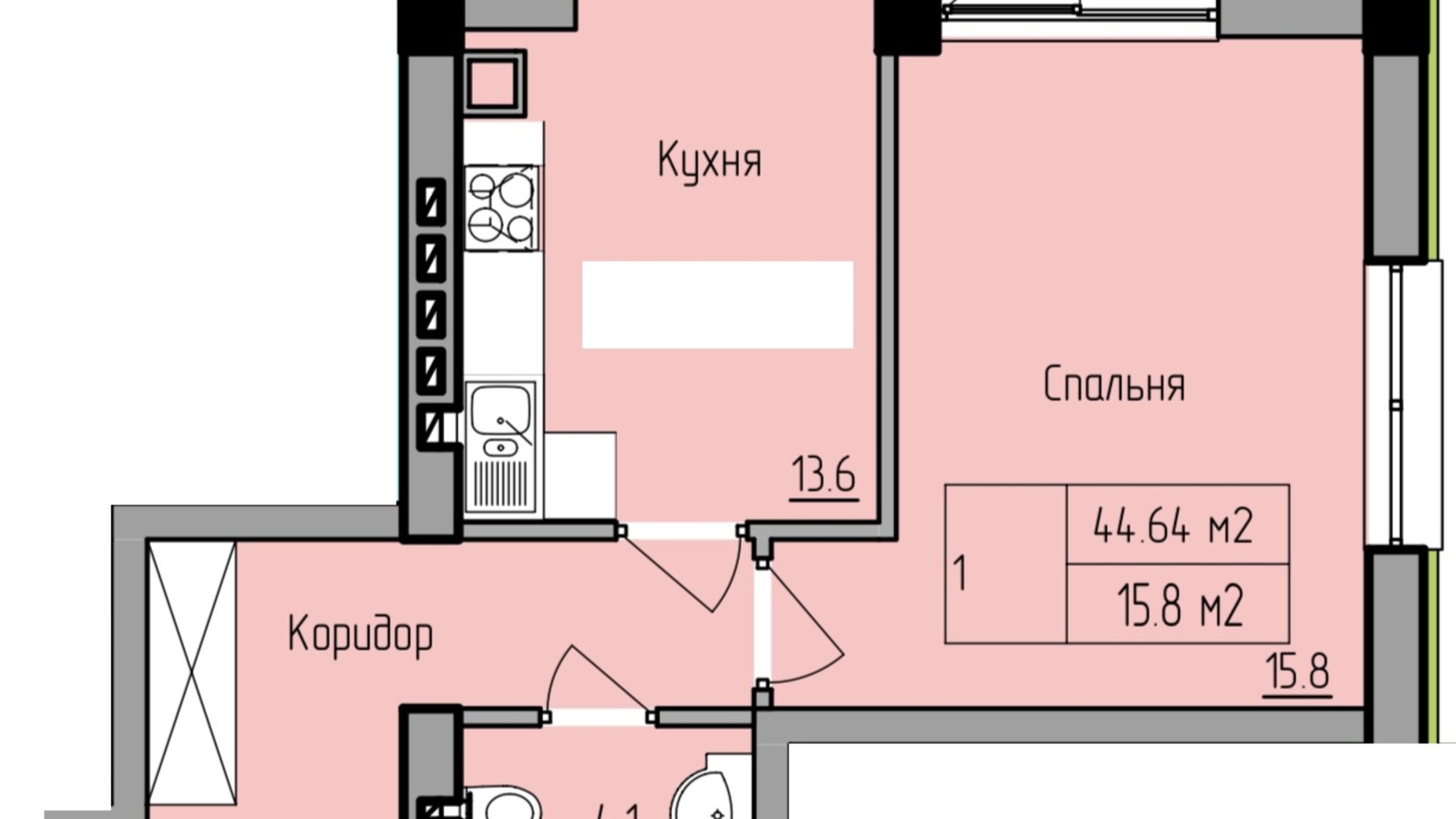 Планировка 1-комнатной квартиры в ЖК Panorama de Luxe 44.6 м², фото 553143