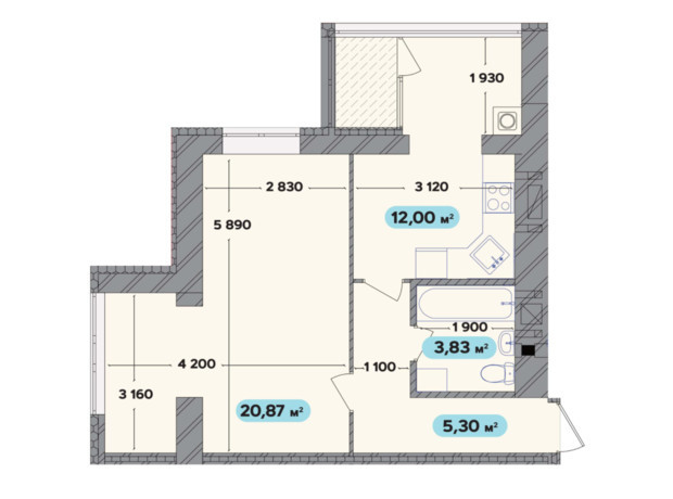 ЖК Spring Town New Rivier : планування 1-кімнатної квартири 42 м²