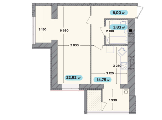 ЖК Spring Town New Rivier : планування 1-кімнатної квартири 47.5 м²