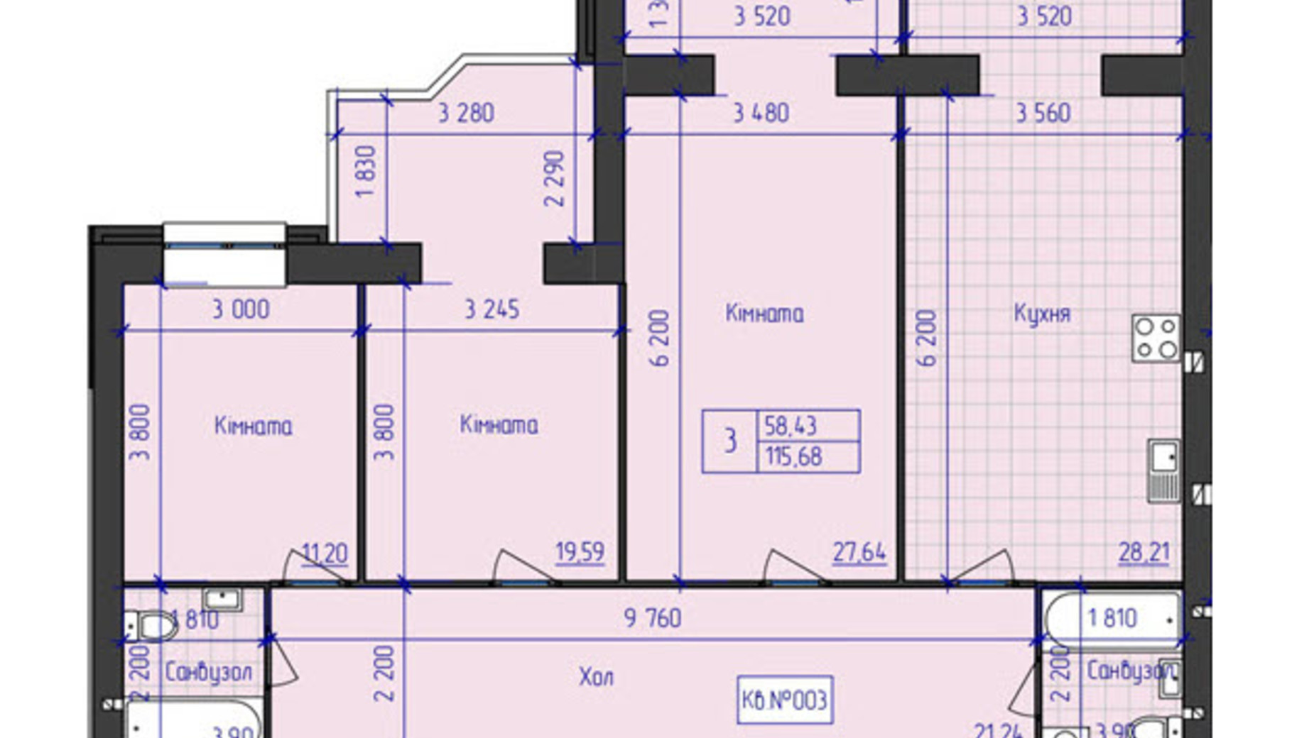 Планування 3-кімнатної квартири в ЖК Преміум Парк 115.67 м², фото 553629