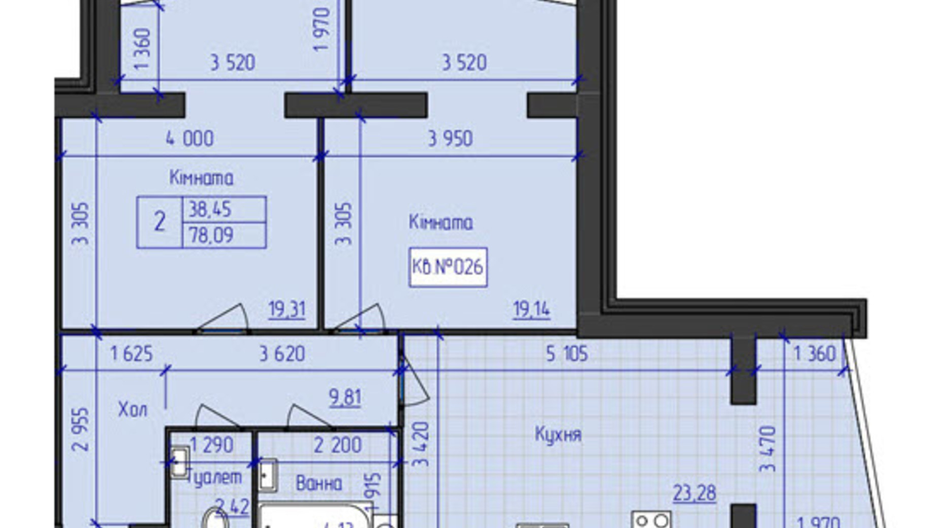 Планування 2-кімнатної квартири в ЖК Преміум Парк 78.08 м², фото 553630