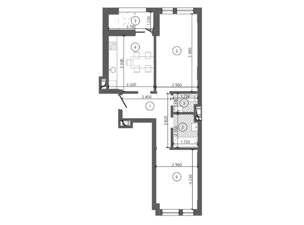 ЖК Фруктовая аллея: планировка 2-комнатной квартиры 56.97 м²
