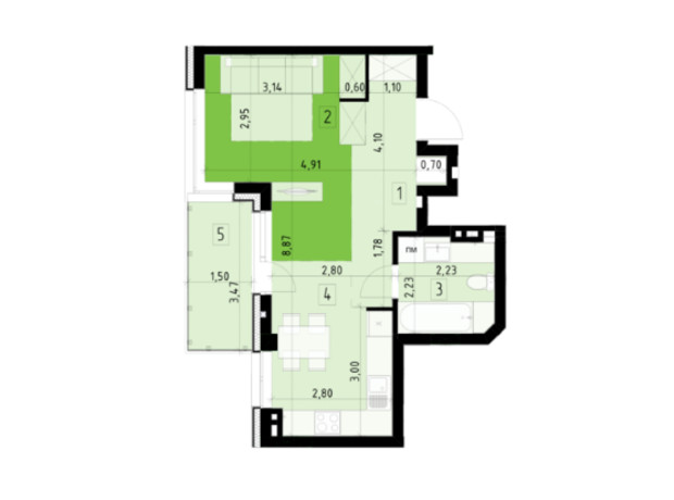 ЖК 111 Zelena: планировка 1-комнатной квартиры 38.1 м²